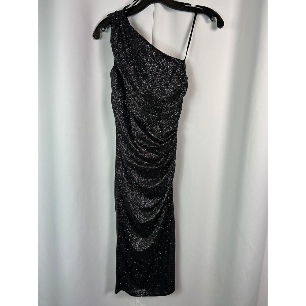 Le Chateau Black Silver Glitter One Shoulder Ruched Bodycon Dress Glam XXS